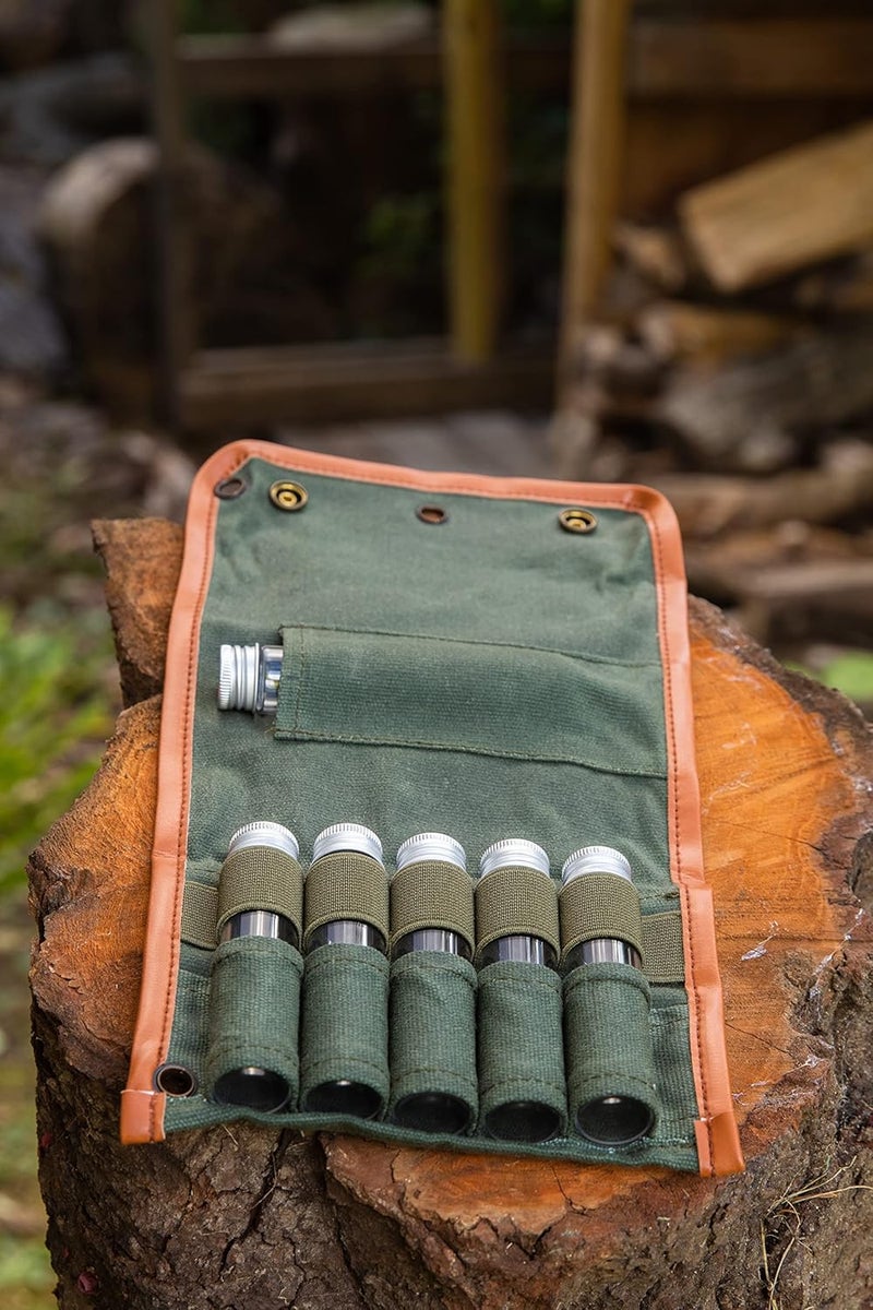 BLEEKER RWE Bushcraft Camping Spice Kit Portable with Glass Jars, Funnel and Carabiner Great for Backpack and Travel Glamping Camping Gifts - Image 3